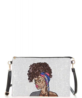 Girl In Glasses Sequin Convertible Crossbody Swing Clutch 136-B029G WHITE